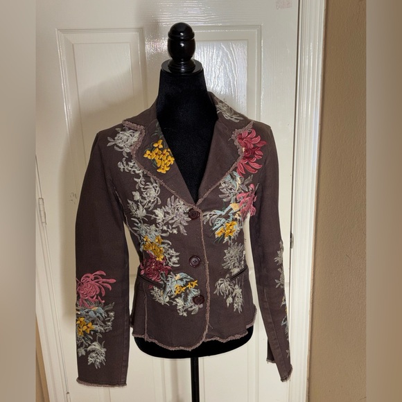 paparazzi Jackets & Blazers - PAPARAZZI BIZ Floral Embroidered Brown Boho Button Lined Coat Jacket Size M